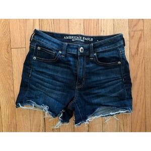 American‎ Eagle Hi-Rise Short Dark Wash Raw Hem Denim Shorts Womens Siz 2 T45-26
